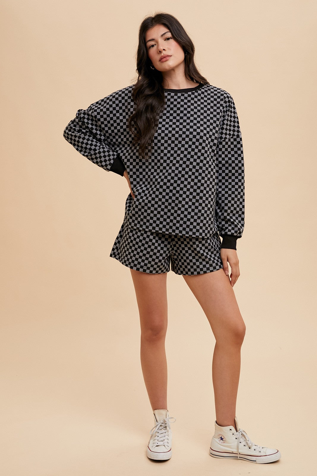 Annie Wear Checkered Top & Drawstring Shorts Set