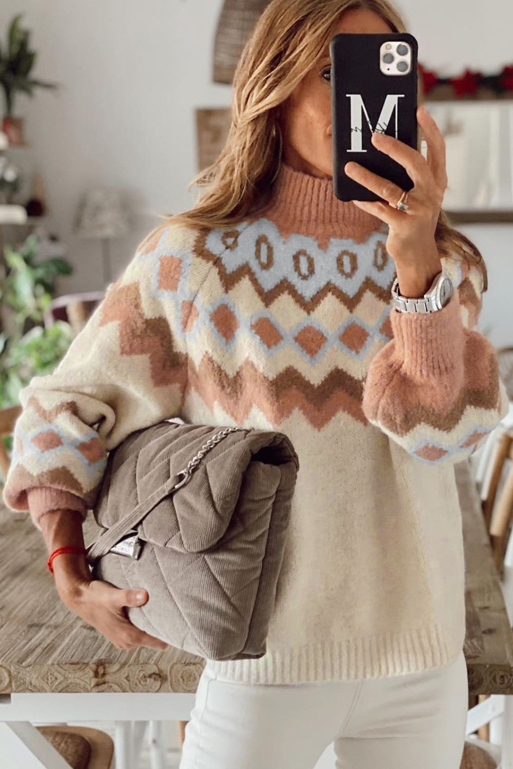 Geometric Mock Neck Sweater