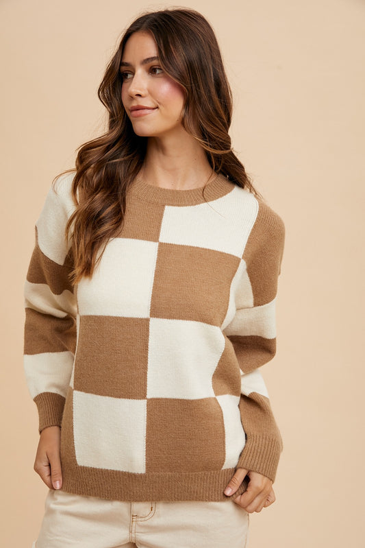 Annie Wear Checkered Round Neck Sweater