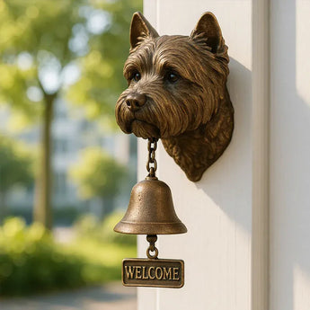 Vintage Dog Welcome Chime hanging on door with rustic metal dog silhouette and bell - Aspire Alley