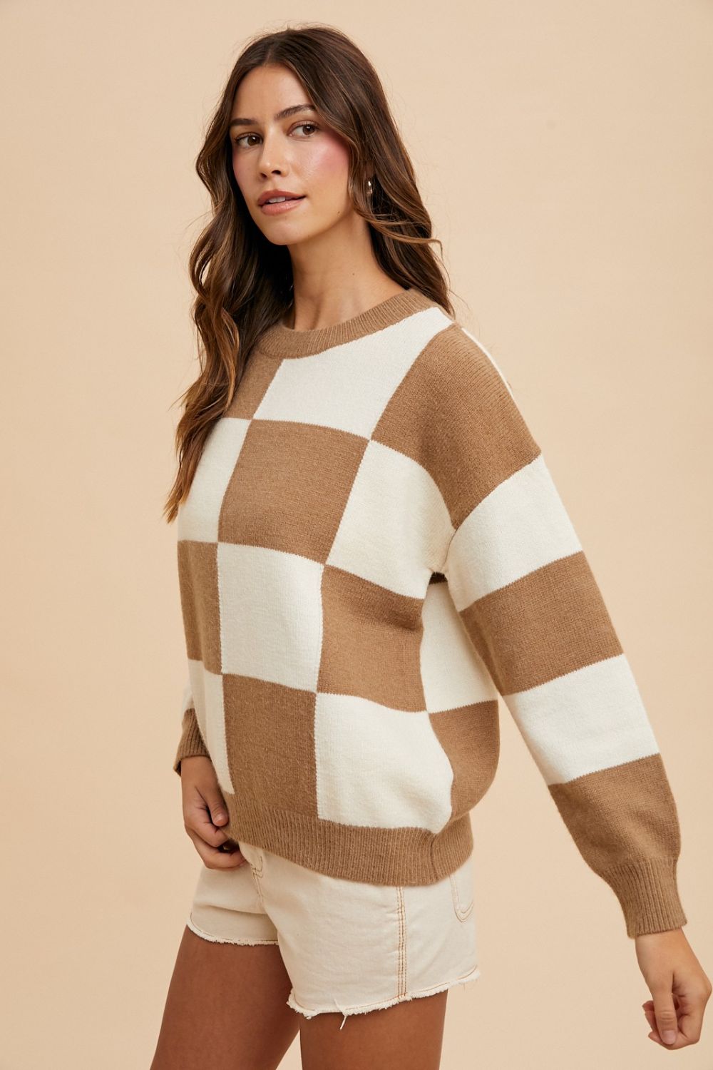 Annie Wear Checkered Round Neck Sweater